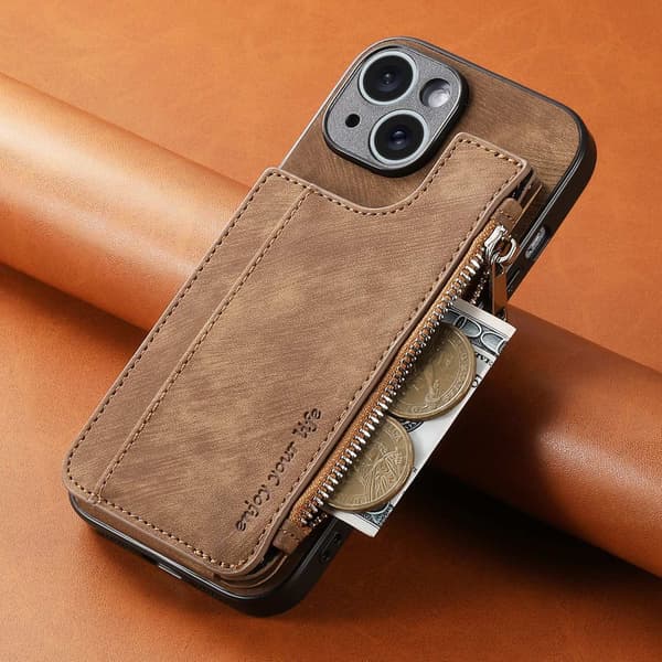 Etui til iPhone 13 Pro Brun Eksport Multi Kort Business Retro Lynlås Opbevaring Læder