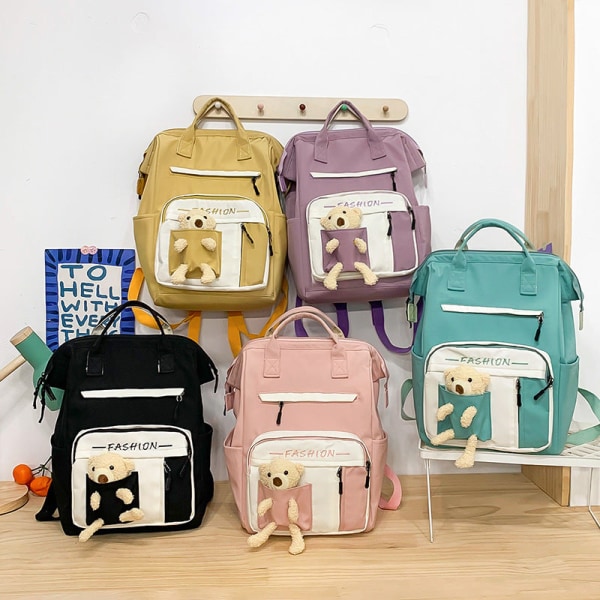 Kvinner jente ryggsekk skulderveske skolesekk Koreansk stil Fresh Casual Bag Cartoon Bear Doll Early High School Student Pink