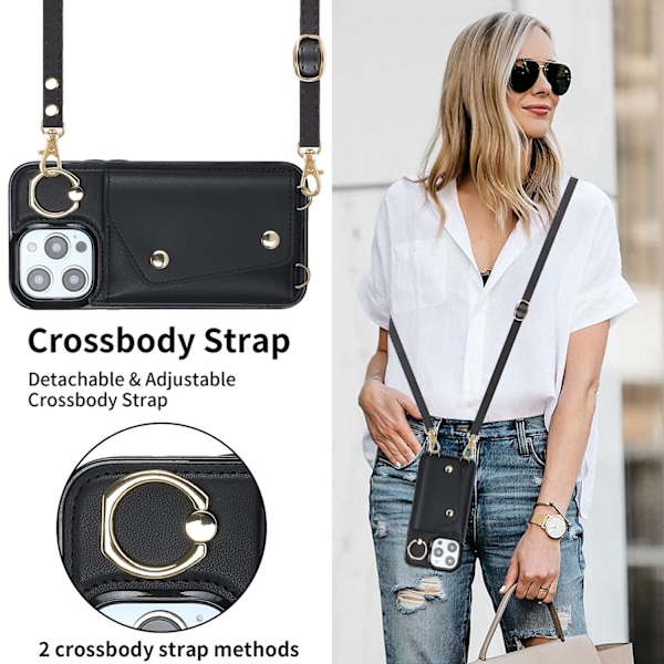 Etui til iPhone15 sort crossbody pung lynlås kort slot læder