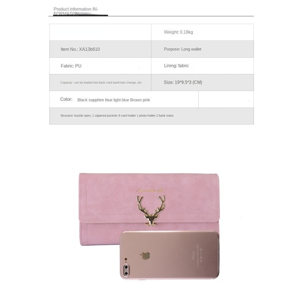 Naisten lompakko kolikkokukkaro Pitkä kolme taitettava Deer Head Muoti Viileä Himmeä Multi Card Slots Pink