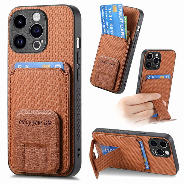 Kotelo iPhone 16 Plus -puhelimelle, ruskea, yksinkertainen jalusta, korttipaikka, monikulmatuki