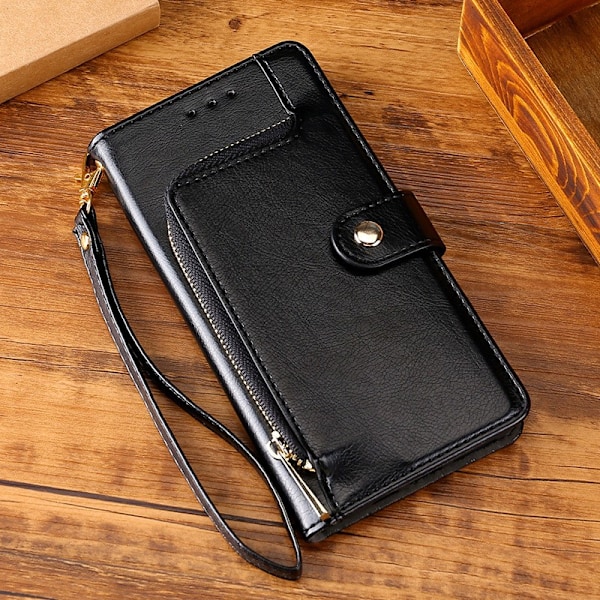 Etui til iPhone 15 sort læder flip wallet kortholder