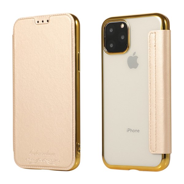 Kotelo iPhone 13PRO:lle, samppanjakultainen korttipaikka, nahkainen läppä, galvanointi PU, läpinäkyvä