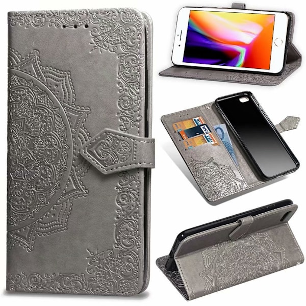 Etui til iPhone 14 Max grå mandala præget læder kortholder