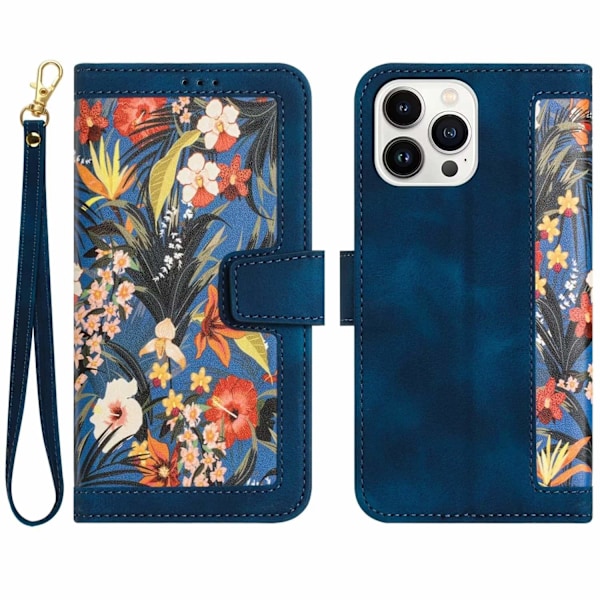 Fodral för iPhone14ProMax mörkblå kort snodd tryckt läder flip kortplats crossbody blomma p