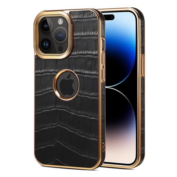 Etui til iPhone 14 Pro Max sort læder krokodillemønster okselæder galvanisering