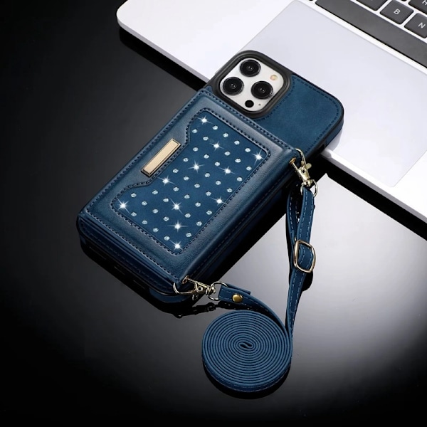 Kotelo iPhone 13:lle, kolmiosainen kaulanauhakassi, sininen kolmiosainen kassi, timanttikorttipidike