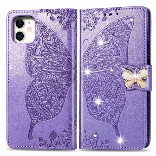 Fodral för iPhone 13 ljuslila diamantpräglad fjäril läder blomma platta