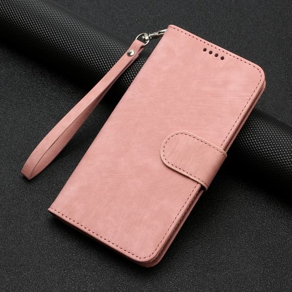 Fodral för iPhone 13 Pro randigt dubbelvikt kant rosa solid kant läder