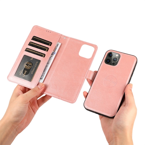 Fodral för iPhone 14 Plus Roséguld kalvläderstruktur bil två i ett läder magnetisk kalv två i ett kortfack