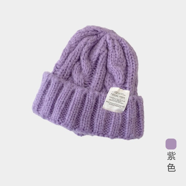 Varme vinterstrikkede luehatter Pure Color Japansk ull Kvinner Koreansk stil Ørebeskyttelse Unisex Coarse knitted woolen cap-purple M（56-58cm）