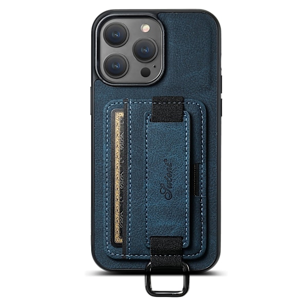 Etui til iPhone16Pro H13 Lychee Blå Kortinnlegg Håndleddsstropp Stativ Lær
