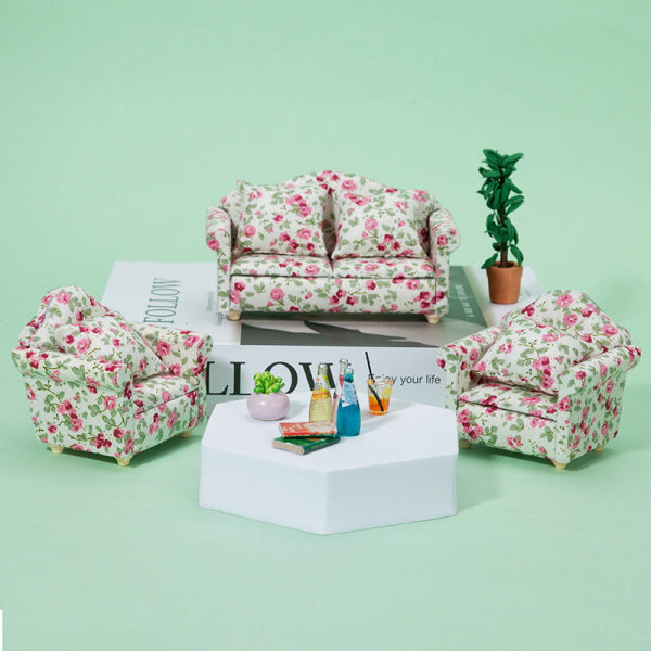 Miniaturemøbler Legetøj Dukkehus gør-det-selv-dekorationstilbehør Mini 1:12 enkelt dobbeltsofa Sofa set