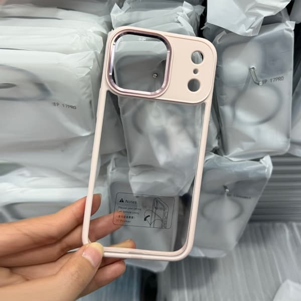 iPhone 17 Lys Rosa Deksel Metall Linse Ring Transparent for Støtsikker