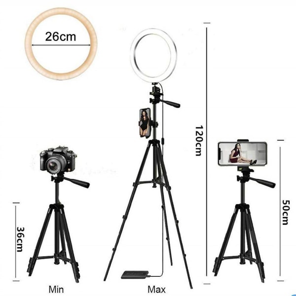 26 cm Selfie Ring Light Tripod Stand & Mobiltelefon Holder Lamper