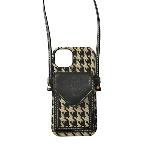 Etui til iPhone 14plus sort houndstooth retro crossbody kortholder halv taske anti-fald