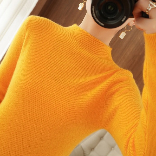 Strikketøy for kvinner Høst Vinter Genser Koreansk stil Halvhøy krage indre matchbaseskjorte Ensfarget Ginger yellow M