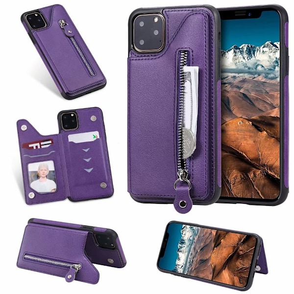 Etui til iPhone 13 Mini lilla glidelås kortholder dobbel spenne