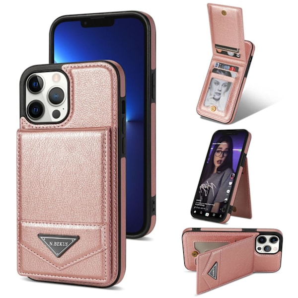 Etui til iPhone15 6.1 Stort hul pink kortholder stativ slot simpel fuld anti-fald spot