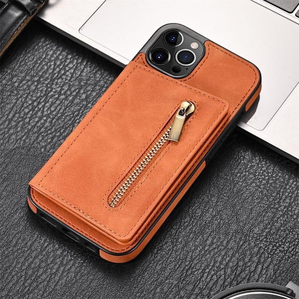 Etui til iPhone 13 Pro Max brun lynlås side kort slot pung læder dobbelt spænde holder