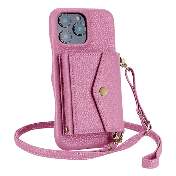 Etui til iPhone 16 pink med skulderrem crossbody pung kortholder multifunktionelt læder