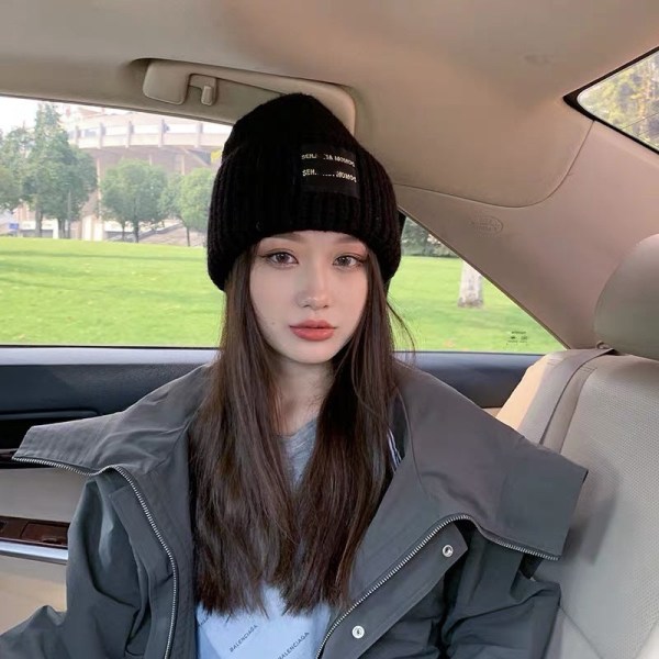 Varm vinterstrikkede lueluer Lilla koreansk stil All-Match usynlig avtakbar lue parykk unisex Black-knitted hat wig M（56-58cm）