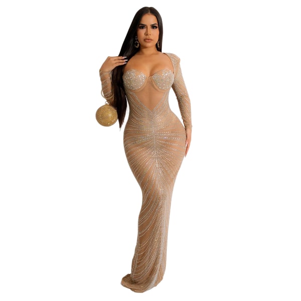 Sexig Elegant Sheer Mesh Rhinestone Långärmad Lång Klänning Apricot XL