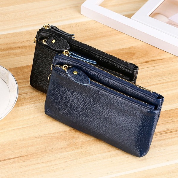 Kvinnor plånbok myntväska Äkta läder Mode Clutch Dragkedja Handledsväska Dark blue short