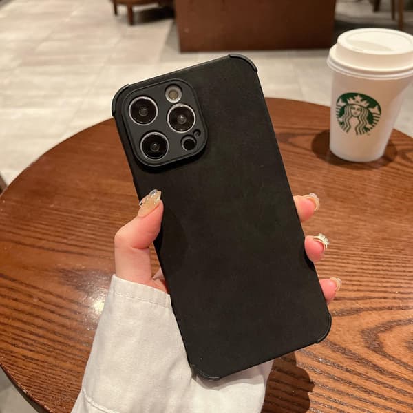 Etui til iPhone 16, svart solid lammeskinn, full anti-fall, mykt