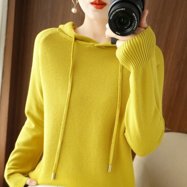 Kvinner Strikket Høst Vinter Genser Hette Ensfarget Hettegenser Hettegenser Cardigan Genser Frakk Mustard yellow L