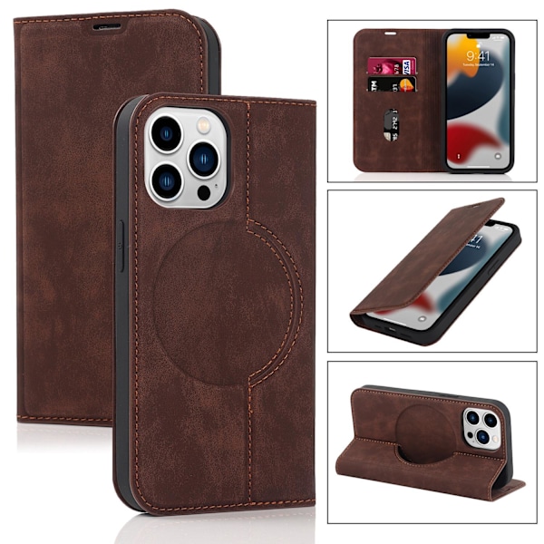 iPhone 16 Plus -kotelo tukee magneettista langatonta latausta, tummanruskea korttipaikallinen lompakkokotelo