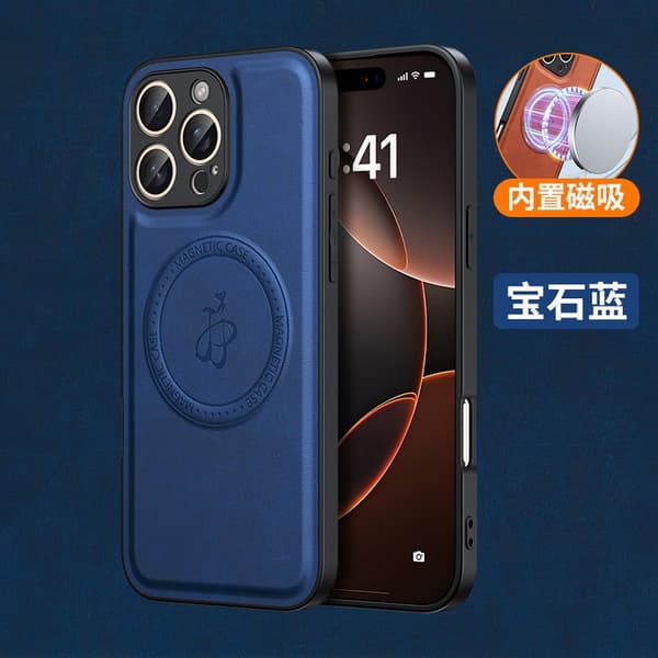 Fodral för iPhone 17Pro blått enkel läder magnetisk lädertextur stativ anti-fall