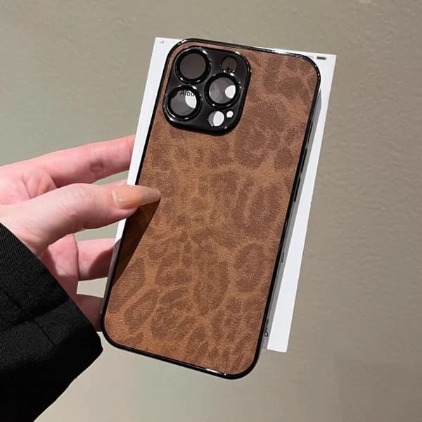 Fodral för iPhone15 brun leopardtryck läder elektroplätering full