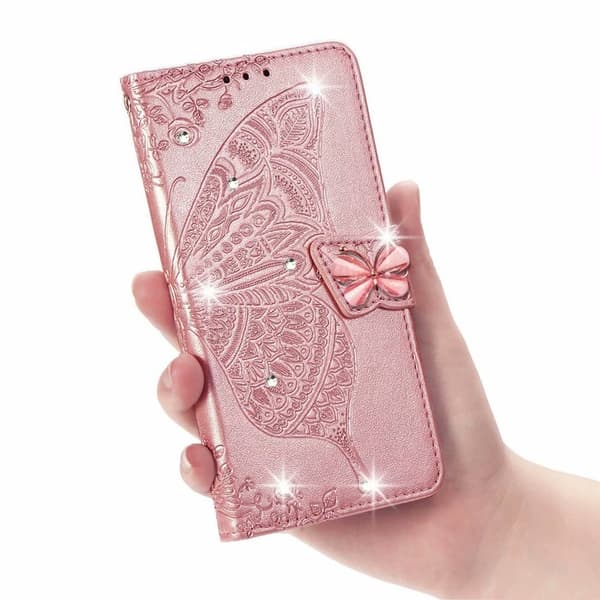Etui til iPhone 16 Plus Rose Gull Diamant 3D Blomst Sommerfugl Lær Etui Preget Disk