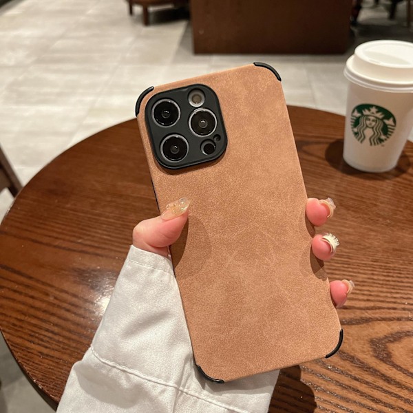 Etui til iPhone 14plusKhaki solid lammeskinn full anti-fall myk