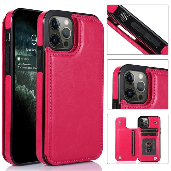 Etui til iPhone 14 Pro rosarød magnetisk kortholder slot solid side sticker
