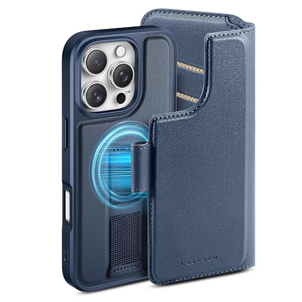 Kotelo iPhone 14 Pro:lle, sininen, kaksi yhdessä, magneettinen, jaettava, läppäkortti, ranneke, nahkaa