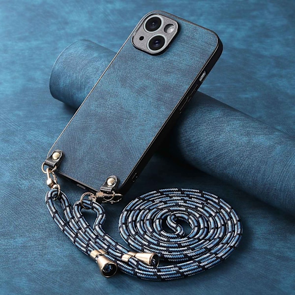 Etui til iPhone 15 blå kjetting crossbody ensfarget hudfølelse armbånd håndleddsstropp