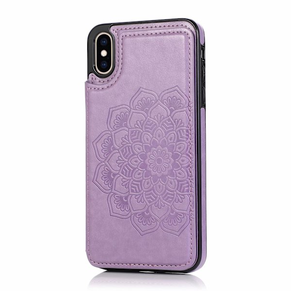 Kotelo iPhone 16 Plus -puhelimelle, violetti kohokuvioitu mandala, kaksoissoljellinen korttipidike lompakko