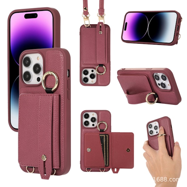 iPhone 13 -kotelo, viininpunainen, korttipaikka, rannehihna, nahka