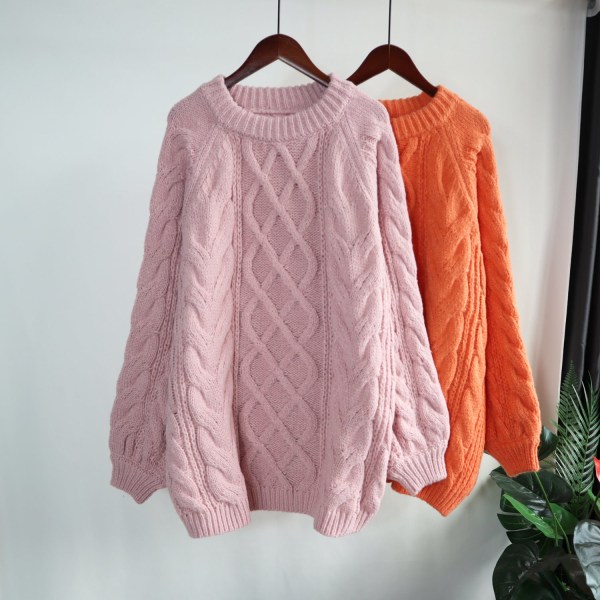 Women Knitwear Autumn Winter Sweater Thickened Heavy Cable-Knit Pullover Loose Retro Style Top Purple 68*120cm