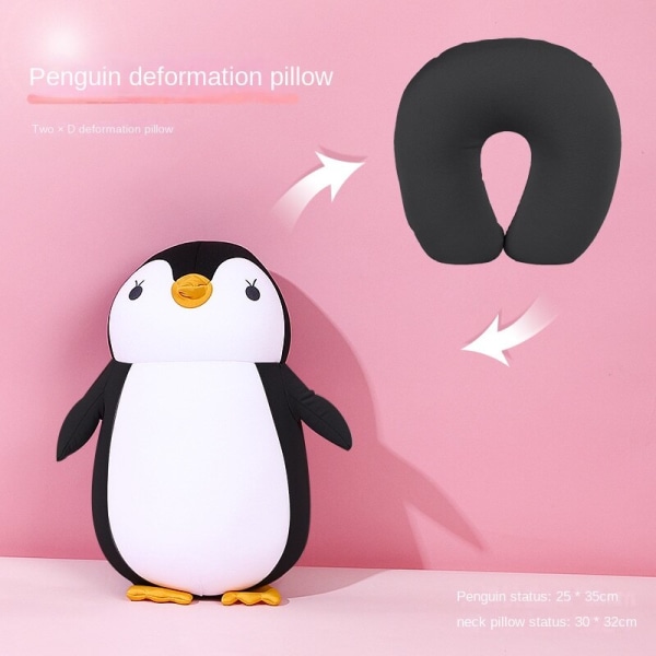 Mjuk bekväm resekudde Gul katt U-formad kudde 2-i-1 skumpartiklar Tecknad dubbel användning Black Penguin 28*28cm