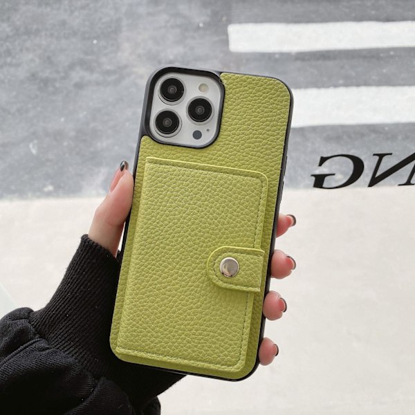 Kotelo iPhone 14 6.1:lle, keltainen vihreä yksittäinen kuori crossbody, kiinteä korttipidike, taitettava japanilainen