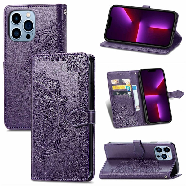Fodral för iPhone 16 Plus lila mandala präglat läder flip stilfullt magnetiskt