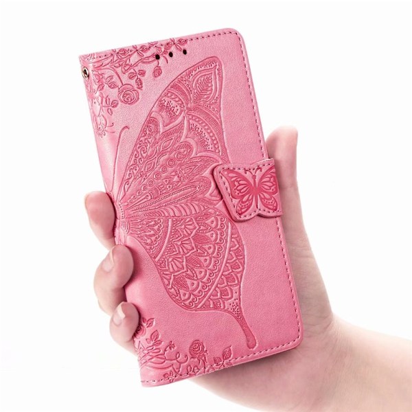 Etui til iPhone 14 pink 3D blomst sommerfugl læder præget