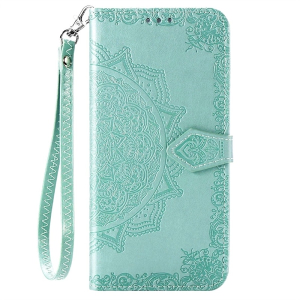 Fodral för iPhone 13 Cyan Mandala läder samma stil kort handrem präglad