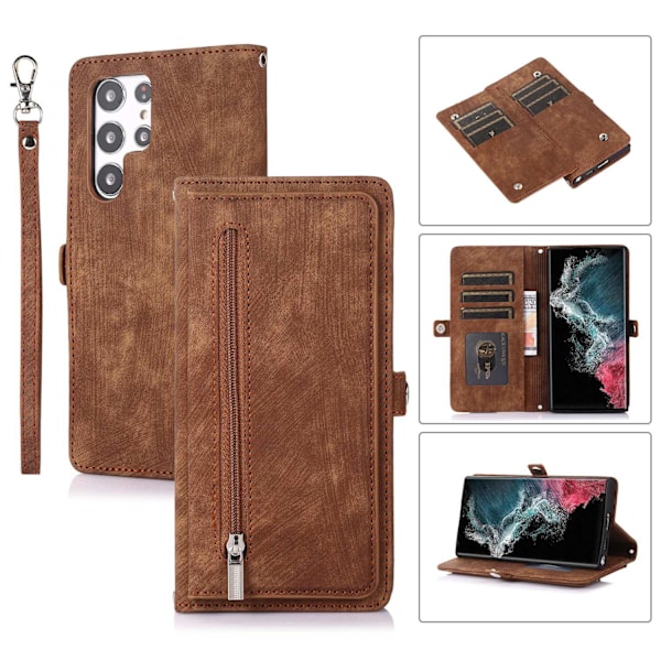 Etui til iPhone 13pro max brun håndrem lynlås kortholder læder multi kort pung kunst gra