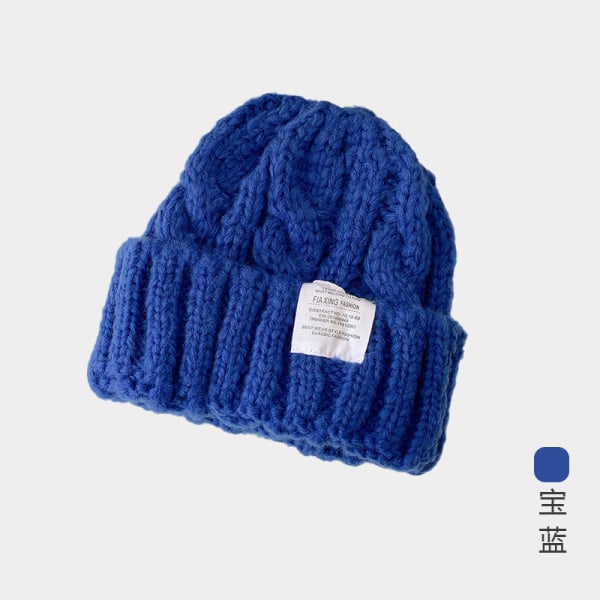 Varm vinter stickad mössa i ren färg japansk ull dam koreansk stil hörselskydd unisex Coarse knitted woolen cap-Klein blue M（56-58cm）