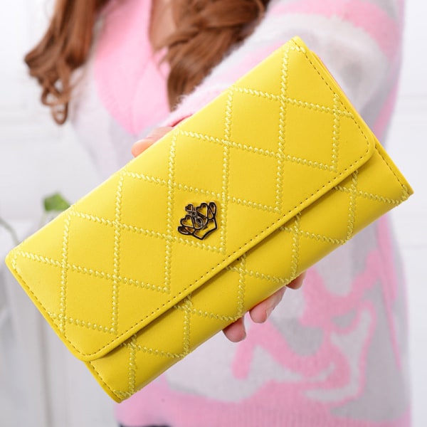 Kvinnor plånbok myntväska Lång trevikt spänne Rhombus Love Crown Yellow