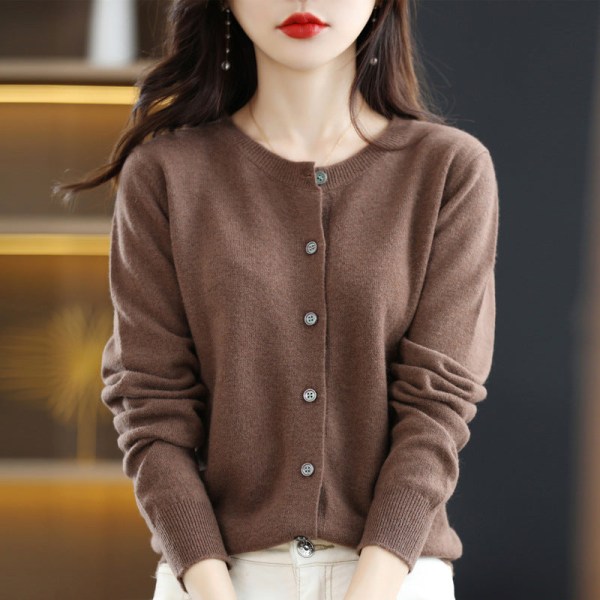 Damestrik efterår vinter sweater rund hals enkeltradet solid udendørs kernegarn cardigan Pine cone coffee XL